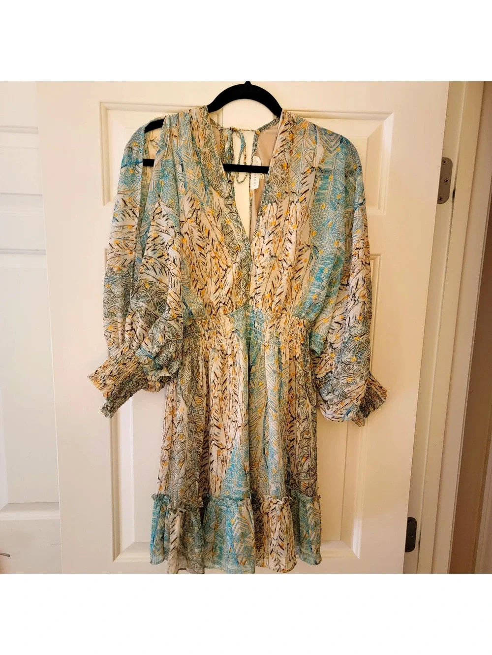 Lovestitch Boho Mini Dress Open Back Gold Foil Split Sleeve Smocked Blue M